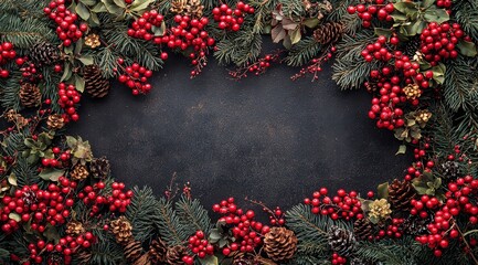 Poster - Christmas background with red berries and pine branches on a black chalkboard background, top view. Christmas frame border design for a banner or card. 