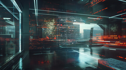 software codes augmented reality display in futuristic modern office tech environment, cyber tech background 