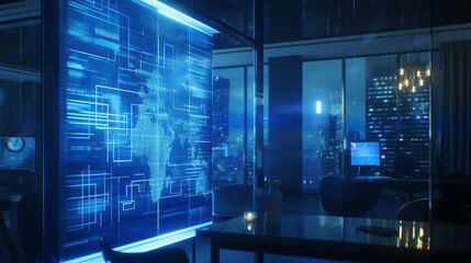 software codes augmented reality display in futuristic modern office tech environment, cyber tech background 
