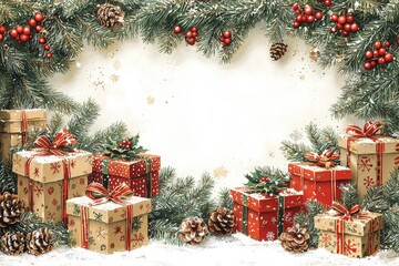 Wall Mural - Christmas tree garland with gifts on a white background, a Christmas frame border design. 