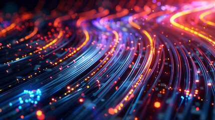 a vibrant, abstract digital image of colorful light trails symbolizing data flow, high-speed interne