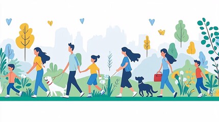 Fototapete - Family members taking a walk with their dog on a nature trail capturing a sense of outdoor fun and togetherness with side empty space for text, Stockphoto style