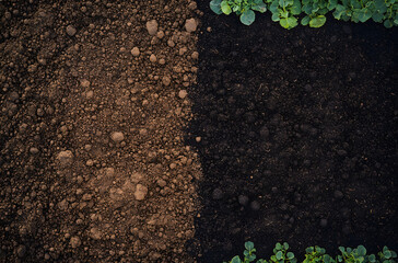 Wall Mural - Fertile soil texture background seen from above, top view. Gardening or planting concept with copy space. Natural pattern