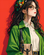 © pichai - Anime Girl in Green Jacket and Glasses - Digital Art Illustration