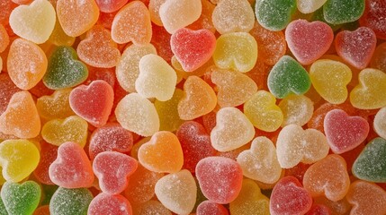 Colorful heart shaped gummies: sweet rainbow candy background