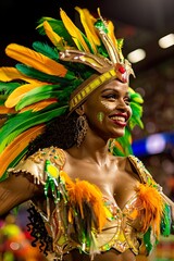 Woman in vibrant carnival costume smiling during festival celebration