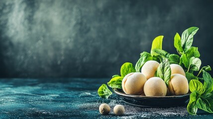 Canvas Print - A plate of pale fruits surrounded by fresh green basil leaves on a textured surface.