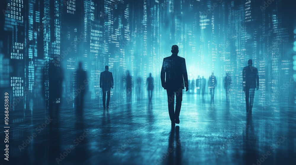 A group of businessman with digital binary code and futuristic data ...