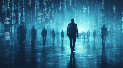 a group of businessman with digital binary code and futuristic data streams, advanced technology in 