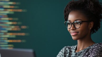Smiling Black woman with glasses works on computer code green chalkboard background