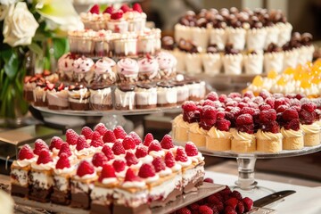 Wedding Desserts. Delicious and Fancy Dessert Buffet for Wedding Reception Decoration