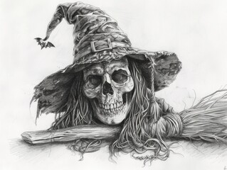 witch drawing. anatomy art: women's skull with halloween smiley face and broom