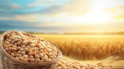 Wall Mural - Soybeans in a basket on wheat field, contrast of essential crops in golden landscape