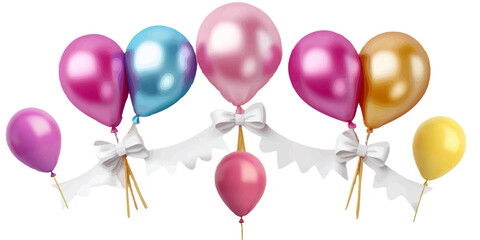 Set of 3D colorful balloons with banners and ribbons happy birthday concept Isolated on a white background