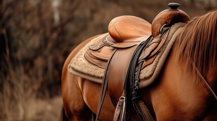 Close-up of brown horse with leather saddle in outdoor setting