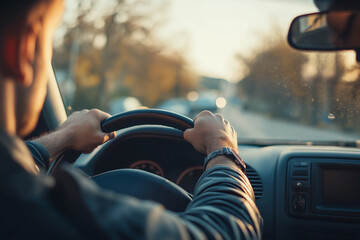 Man Driving Car on Sunlit Road at Dusk, Close-Up of Hands on Steering Wheel, Focused on Journey.