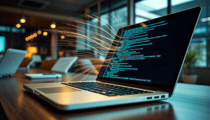 Vibrant Coding Displays on Laptops in Workspaces - Perfect for Depicting Software Development and Modern Tech Environment