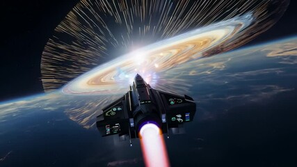 Wall Mural - a space fighter jet is flying through space with a bright sun in the background. the jet is on fire 