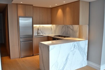 Modern Kitchen with Stainless Steel Appliances and Marble Countertops