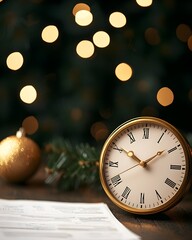 Wall Mural - Elegant clock with festive bokeh lights and holiday decor