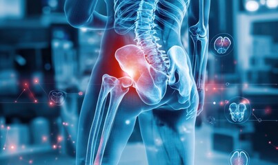 Doctor examining hip area using digital x-ray display in medical environment with focus on skeletal structure