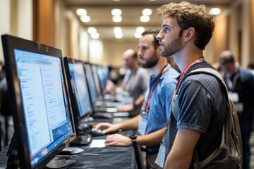 exploring innovative technology: attendees engaged with interactive displays at a vibrant tech confe