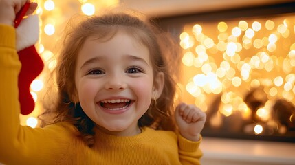 Wall Mural - Joyful child celebrating Christmas with festive lights