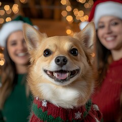 Wall Mural - Cheerful corgi in festive sweater with friends at holiday gathering