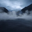 © Mustafa - A dark, empty street with a misty, cold white smoke rising. The background is a dark blue mountain range with abstract asphalt.  This scene is perfect for showcasing products.