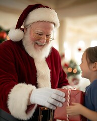 Wall Mural - Santa Claus gifting a present to a joyful child