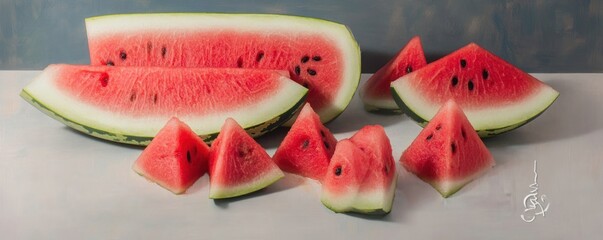 A vibrant display of sliced watermelon showcasing its juicy red flesh and green rind.