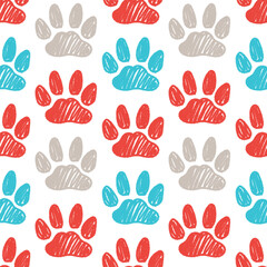 Wall Mural - Seamless pattern with hand drawn pet paw prints. Domestic cat track footprints in brush stroke texture paint style