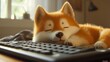 © Helois - A cute, fluffy, orange and white puppy dog is sleeping soundly on a computer keyboard.