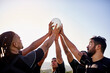© peopleimages.com - Men, team and rugby ball for outdoor, sports and challenge with exercise, wellness and fitness. Male people, athlete and recreation facility as group for match, games and training in stadium or arena