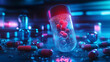 © Daniel - Digital pill technology, futuristic holographic background, advanced pharmaceutical lab, neon blue