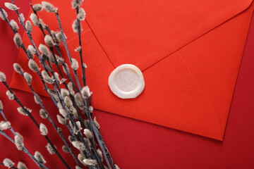 Sticker - Envelope with wax seals and vintage stamp, willow branches on red background. Gift certificate, wedding invitation