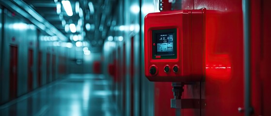 Red control panel with digital display in an industrial hallway.