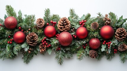 Wall Mural - A red and green garland with miniature ornaments, arranged on a clear white background.