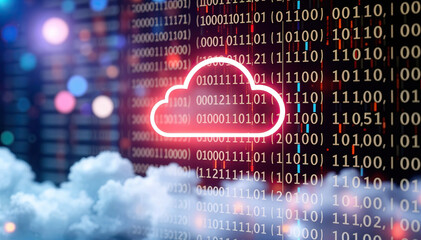 red cloud icon against binary code and data concept tech digital cloud computing and technology