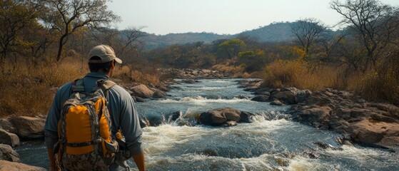 Wall Mural - A hiker observes the gently flowing river amidst rugged rocks and sparse vegetation, taking in the serene beauty of the countryside on a sunny day