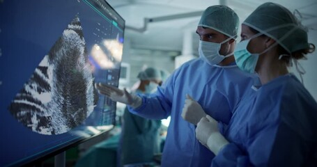 Aufkleber - Diverse Colleagues Having a Discussion In the Operating Room. Female and Male Surgeons Evaluate Complex Ultrasound Image on a Large Display, Strategizing the Next Steps for the Operation