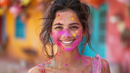 Wall Mural - Portrait of a Indian man with colored powder on her face, Holi celebration in a city , smiling and laughing. Happy Holi , Concept Indian color festival.