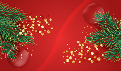 Wall Mural - Merry Christmas red vector background with evegreen branch, glass ball and glitter gold confetti. Holiday xmas banner card design.