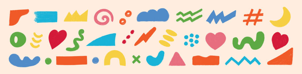Hand-drawn vector set. Objects and shapes with playful scribbled crayon designs—doodles of charcoal geometric forms, organic shapes, hearts, clouds, and textured grunge brush effects.	
