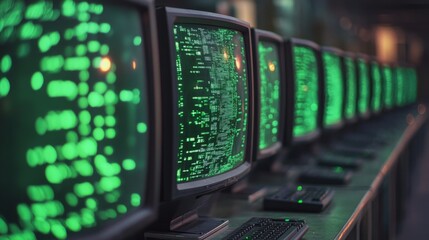 Row of Retro Computer Monitors with Green Code