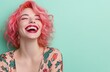 © thiquynh - a happy woman with pink hair laughing, against a solid color background. She is wearing a pink shirt and pink lipstick, with a pink background
