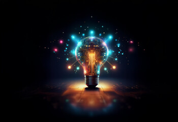 Canvas Print - a glowing light bulb with swirling energy and colorful sparks around it on a dark background.