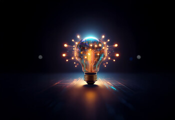 Canvas Print - a glowing light bulb with sparks radiating outwards in a dark setting.