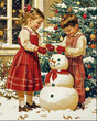 © Giordano Aita - Vintage Christmas Card Illustration of Two Children Building a Snowman