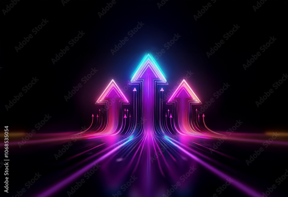 Three glowing neon arrows pointing upwards on a dark background. Stock ...